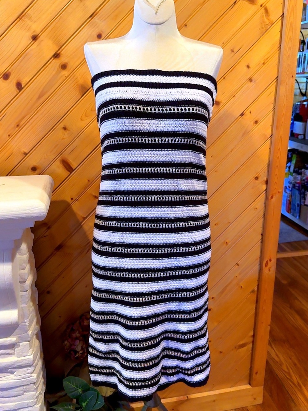 Nine West Strapless Knit Bodycon Dress Size M Black Ivory Metallic Striped